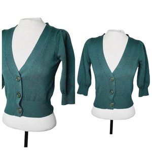 CLUB MONACO 100% Italian Merino Wool Preppy Cropped Puff Sleeve Cardigan